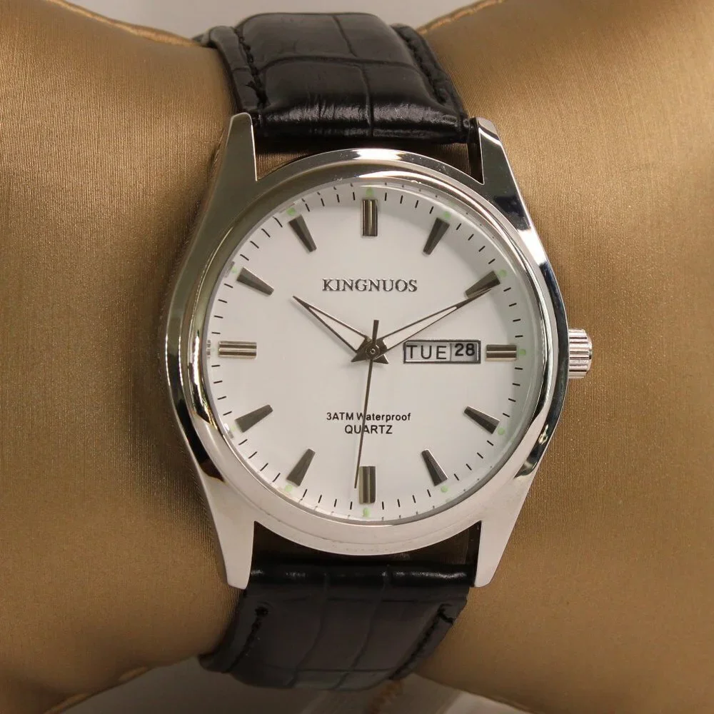 Men's Contemporary Dress Watch Silver Case Black Leather Watch Strap 40mm